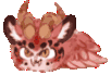 a pixel art drawing of a dragon with horns and wings laying down .