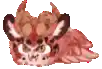 a pixel art drawing of a dragon with horns and wings laying down .