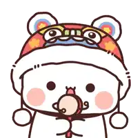 a cartoon drawing of a bear wearing a colorful hat and holding a rattle