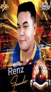 a poster of renz founder with a man in a suit