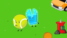 a cartoon of a tennis ball , a crown , and a car on a green field .
