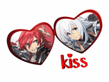 a couple of hearts with the word kiss in red