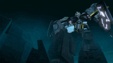 a robot with a sword is flying through a city