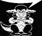 a black and white pixel art of a sheep with a speech bubble behind it .