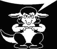 a black and white pixel art of a sheep with a speech bubble behind it .