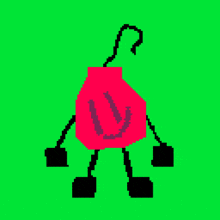 a pixel art of a red object with arms and legs on a green background .