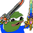 a pixel art of a frog holding a sword in his hand .