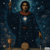 a painting of a man holding a candle and a cup with pixiz written on the bottom right