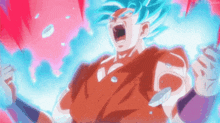 a cartoon character with blue hair is screaming with his mouth open