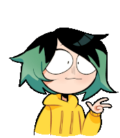 a cartoon of a girl with green hair and a yellow hoodie
