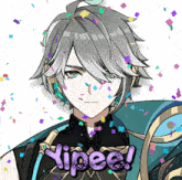 a cartoon character is surrounded by confetti and says yipee!