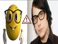 a yellow smiley face with glasses next to a man with glasses