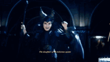 a woman in a black costume with the words the daughter of an evilicious queen below her