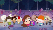 a group of cartoon characters including a girl holding a book