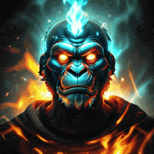 an illustration of a gorilla with glowing eyes and a flame on its head