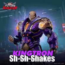 an advertisement for kingtron sh-sh-shakes shows a man in purple armor