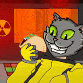 a cartoon cat wearing a yellow suit is holding a taco
