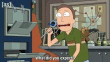 a cartoon character says " what did you expect " while talking on a phone