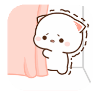 a cartoon cat is standing behind a pink curtain and looking out .