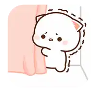 a cartoon cat is standing behind a pink curtain and looking out .