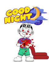 a cartoon character is surrounded by hearts with the words good night behind him