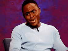 a man in a blue shirt is making a face