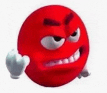 a red smiley face with a very angry face and a white hand .