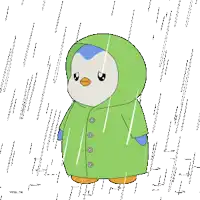 a cartoon penguin wearing a green raincoat stands in the rain