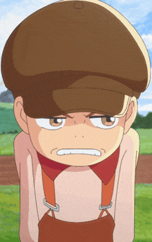 a cartoon character wearing a hat and suspenders is making an angry face
