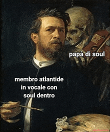 a painting of a man with a beard and a skeleton behind him with papa di soul written on the bottom