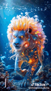a painting of a lion surrounded by jellyfish and corals