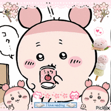 a picture of a cartoon character with a speech bubble that says i love reading