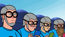 a group of cartoon characters wearing masks and glasses looking at their phones