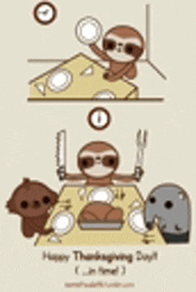 a cartoon of a sloth holding a knife and fork while sitting at a table with other animals .
