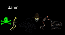 a group of skeletons with the word damn in the middle