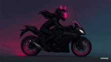 a woman riding a motorcycle with horns on her head