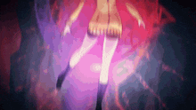 a woman is standing in a dark room with a purple background .