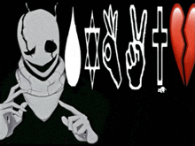 a black and white drawing of a skeleton with various symbols including a peace sign and a broken heart