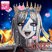 a picture of a queen with a crown on her head and the words mother queen
