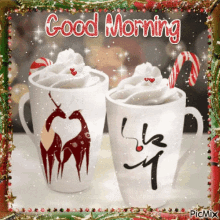 a picture of two cups of hot chocolate with candy canes and the words good morning