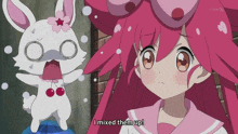 a girl with pink hair says i mixed them up in front of a rabbit