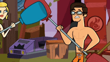 a man without a shirt is holding a large hammer in a cartoon scene