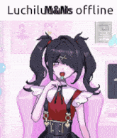 a pixel art drawing of a girl eating a lollipop with the words luchilulunis offline below her