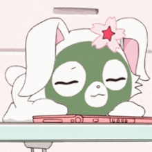 a cartoon rabbit with a green mask on its face and a flower on its head is sleeping on a table .
