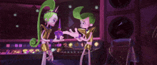 two cartoon characters standing next to each other in a room