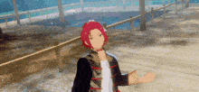 a man with red hair is standing on a wooden deck holding a book