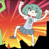 a cartoon of a girl with green hair and a blue skirt