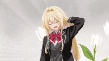 a girl with long blonde hair is wearing a black suit and red bow tie