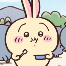a cartoon drawing of a rabbit with a toothbrush in its mouth