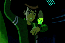 a cartoon character is holding a green light
